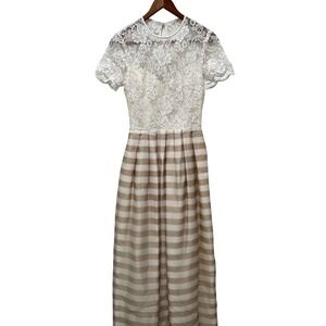 Jonathan Tait White Lace Cream and Tan Striped Maxi Dress Size 4 VTG